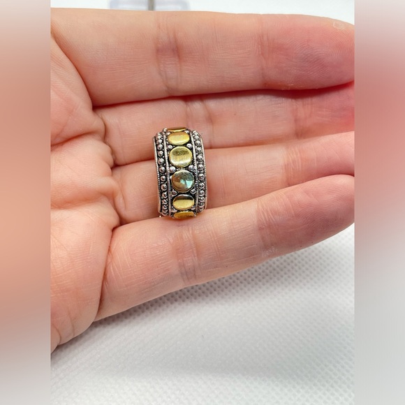 Beautiful gold and silver tone hoops. Gold circular design with one piece clasp. - Picture 8 of 12